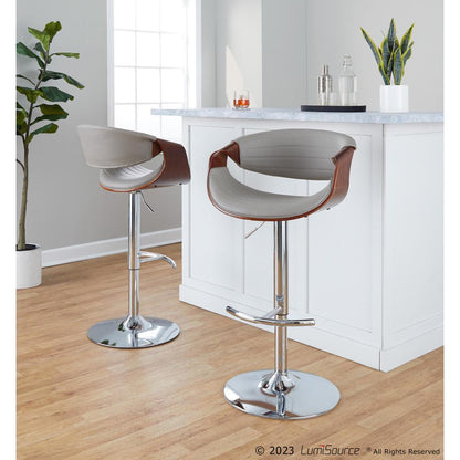 Chrome Metal, Walnut Wood, Grey PU Symphony Adjustable Barstool - Set of 2