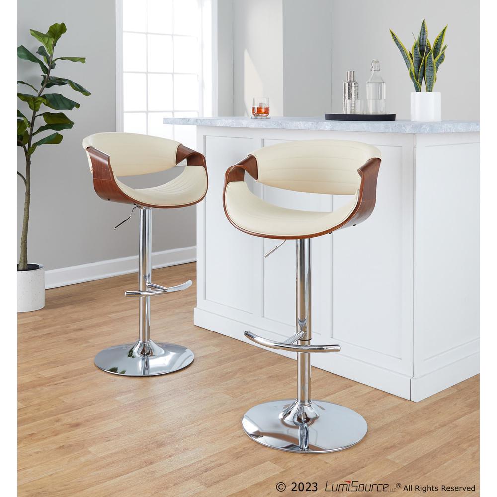 Chrome Metal, Walnut Wood, Cream PU Symphony Adjustable Barstool - Set of 2
