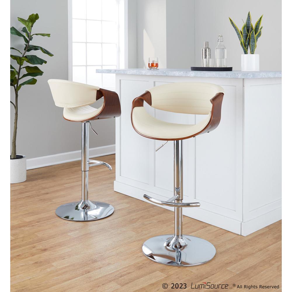 Chrome Metal, Walnut Wood, Cream PU Symphony Adjustable Barstool - Set of 2