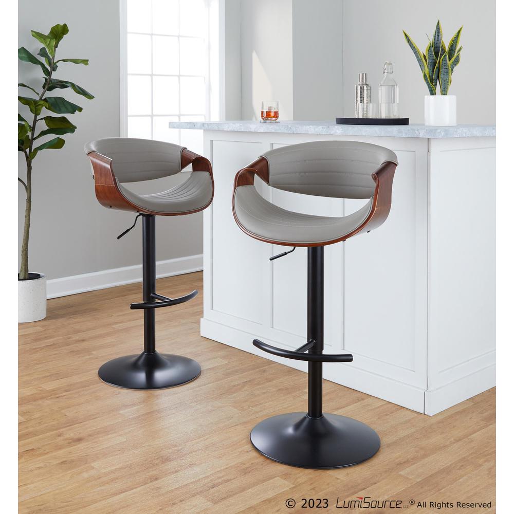 Black Metal, Walnut Wood, Grey PU Symphony Adjustable Barstool - Set of 2