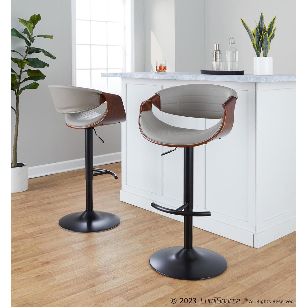 Black Metal, Walnut Wood, Grey PU Symphony Adjustable Barstool - Set of 2