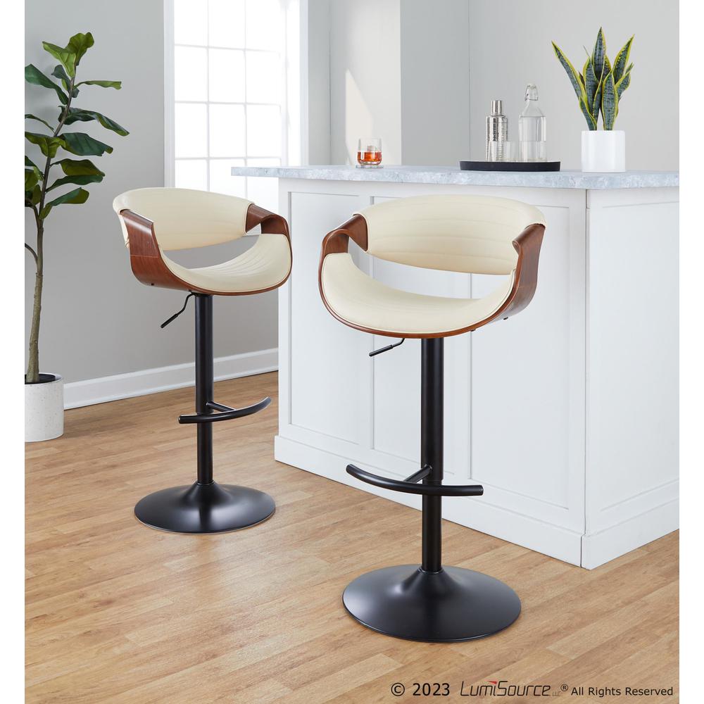 Black Metal, Walnut Wood, Cream PU Symphony Adjustable Barstool - Set of 2