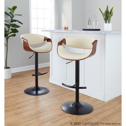 Black Metal, Walnut Wood, Cream PU Symphony Adjustable Barstool - Set of 2