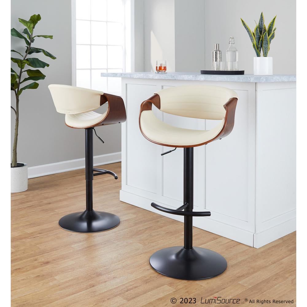 Black Metal, Walnut Wood, Cream PU Symphony Adjustable Barstool - Set of 2