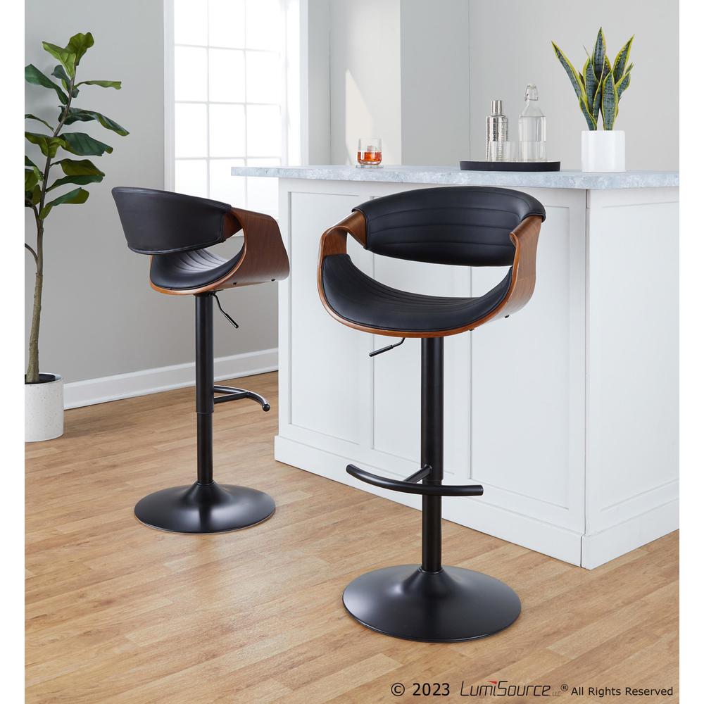 Black Metal, Walnut Wood, Black PU Symphony Adjustable Barstool - Set of 2