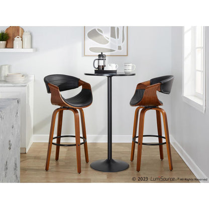 Black Metal, Walnut Wood, Black PU Symphony 30" Fixed-Height Barstool - Set of 2