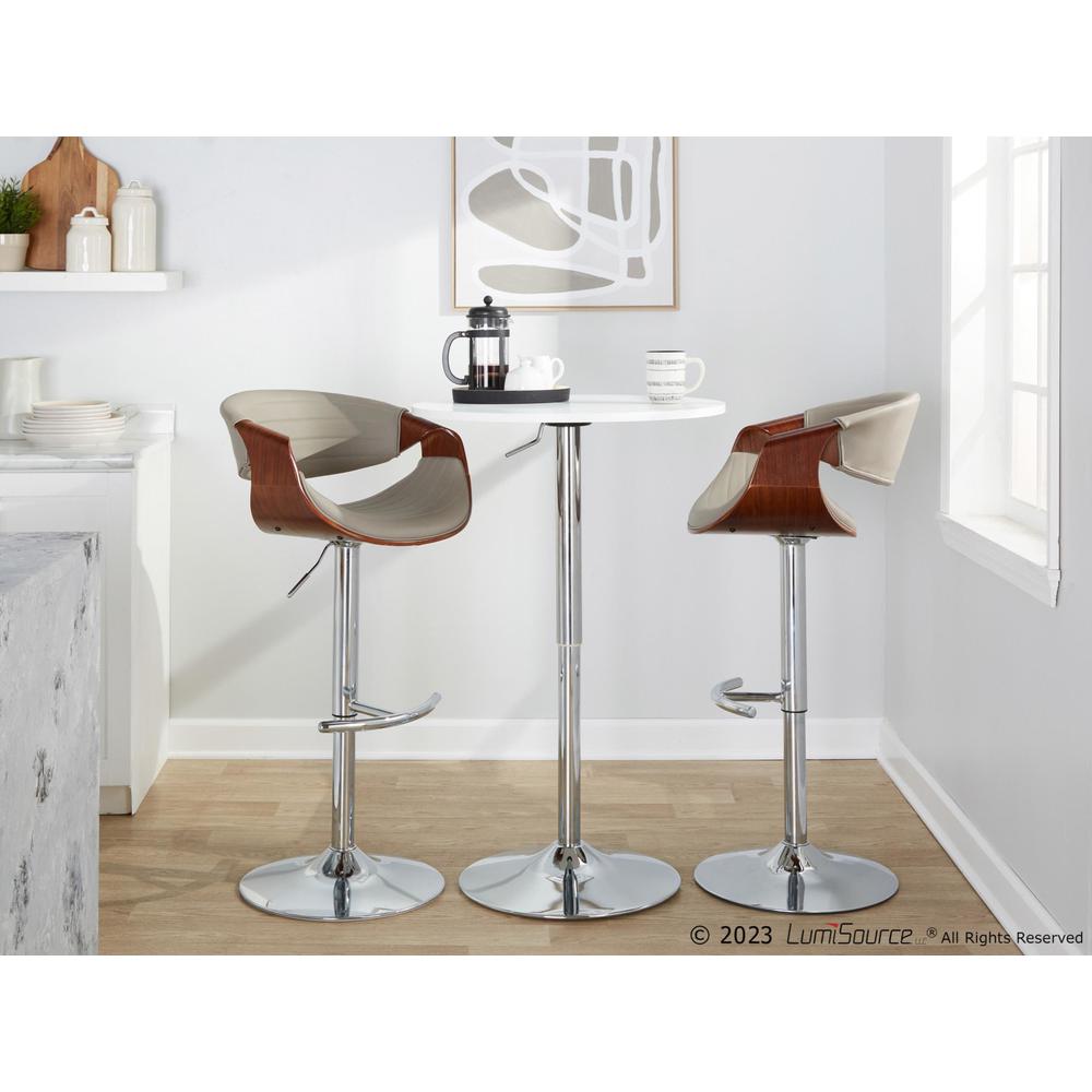 Chrome Metal, Walnut Wood, Grey PU Symphony Adjustable Barstool - Set of 2