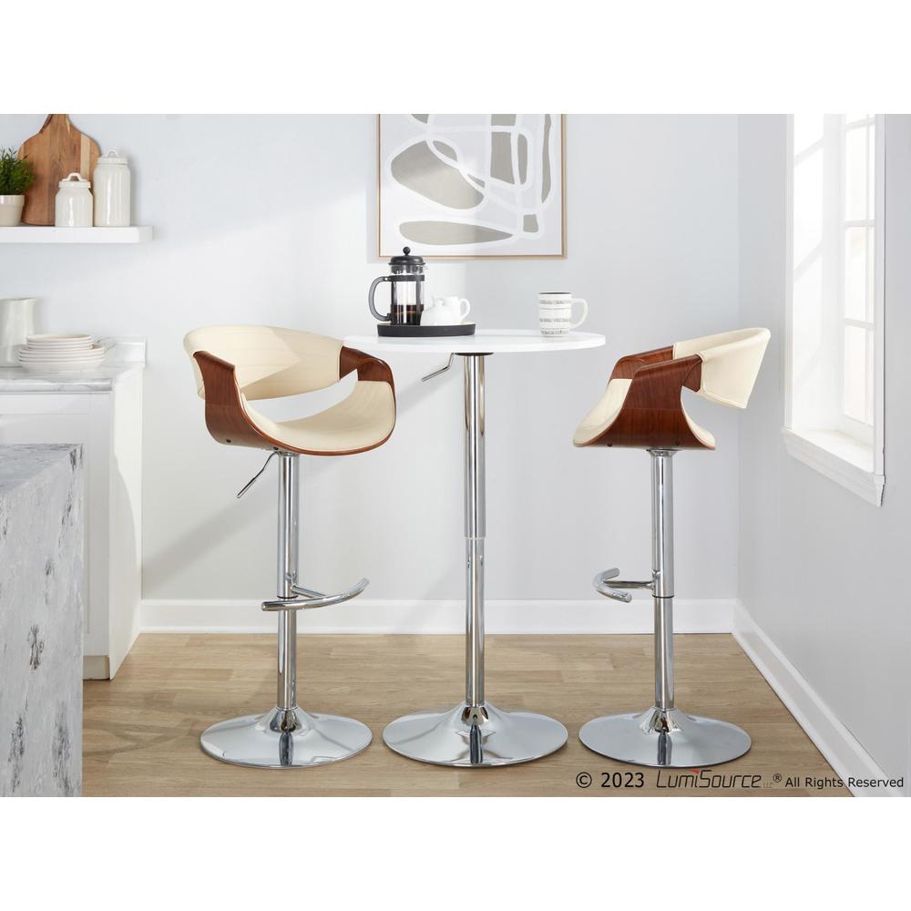 Chrome Metal, Walnut Wood, Cream PU Symphony Adjustable Barstool - Set of 2