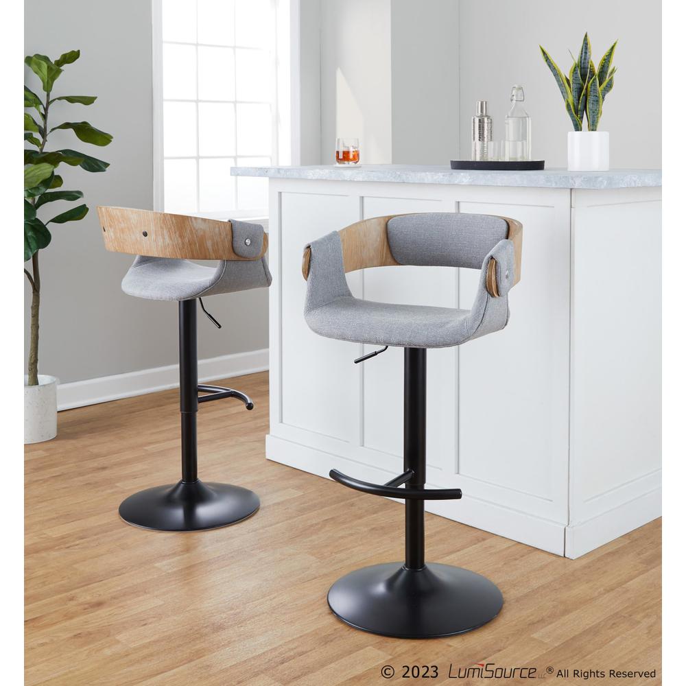 Black Metal, Whitewashed Wood, Grey Fabric Elisa Adjustable Barstool - Set of 2