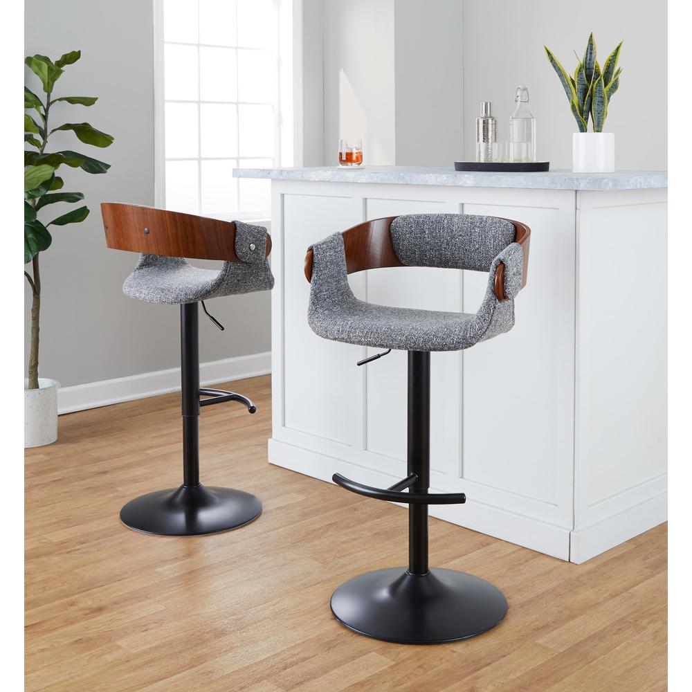 Black Metal, Walnut Wood, Grey Fabric Elisa Adjustable Barstool - Set of 2