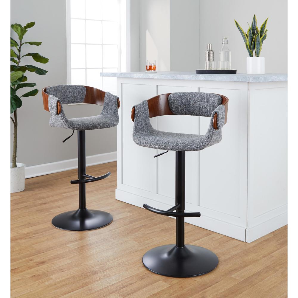 Black Metal, Walnut Wood, Grey Fabric Elisa Adjustable Barstool - Set of 2