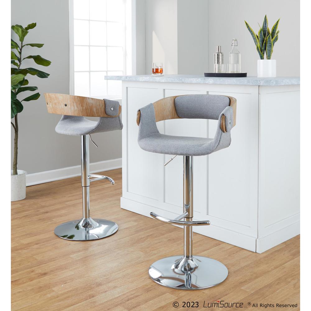 Chrome Metal, Whitewashed Wood, Grey Fabric Elisa Adjustable Barstool - Set of 2