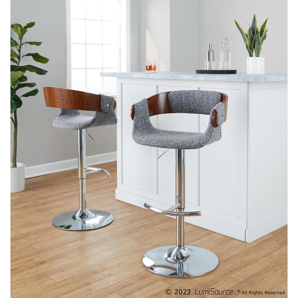 Chrome Metal, Walnut Wood, Grey Fabric Elisa Adjustable Barstool - Set of 2
