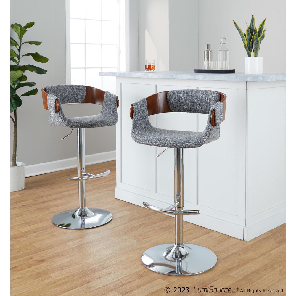 Chrome Metal, Walnut Wood, Grey Fabric Elisa Adjustable Barstool - Set of 2