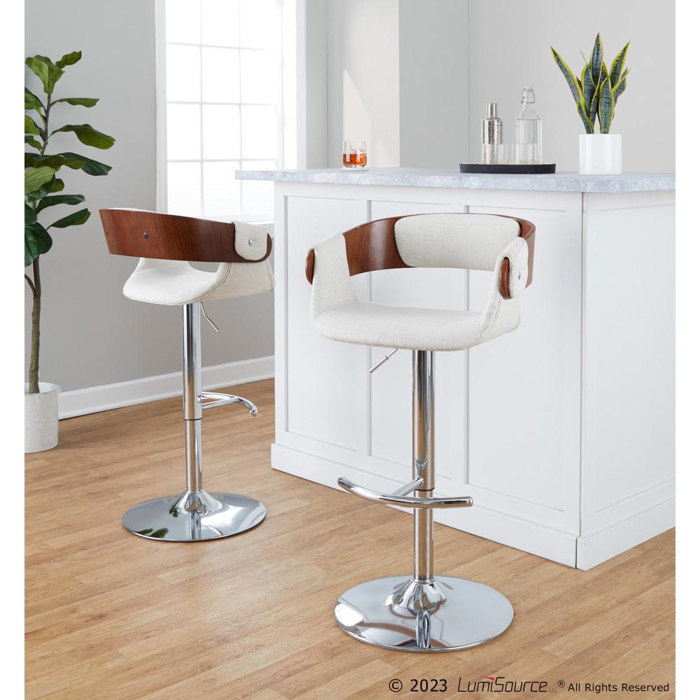 Chrome Metal, Walnut Wood, Cream Fabric Elisa Adjustable Barstool - Set of 2