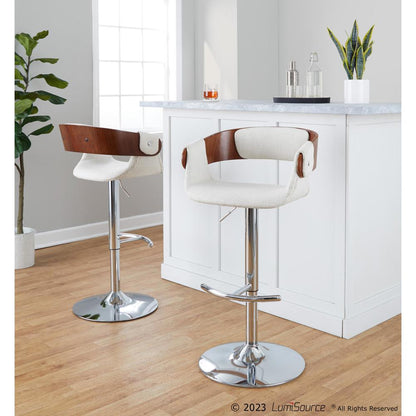 Chrome Metal, Walnut Wood, Cream Fabric Elisa Adjustable Barstool - Set of 2