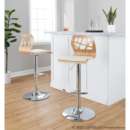Chrome Metal, Zebra Wood, Cream PU Folia Adjustable Barstool - Set of 2