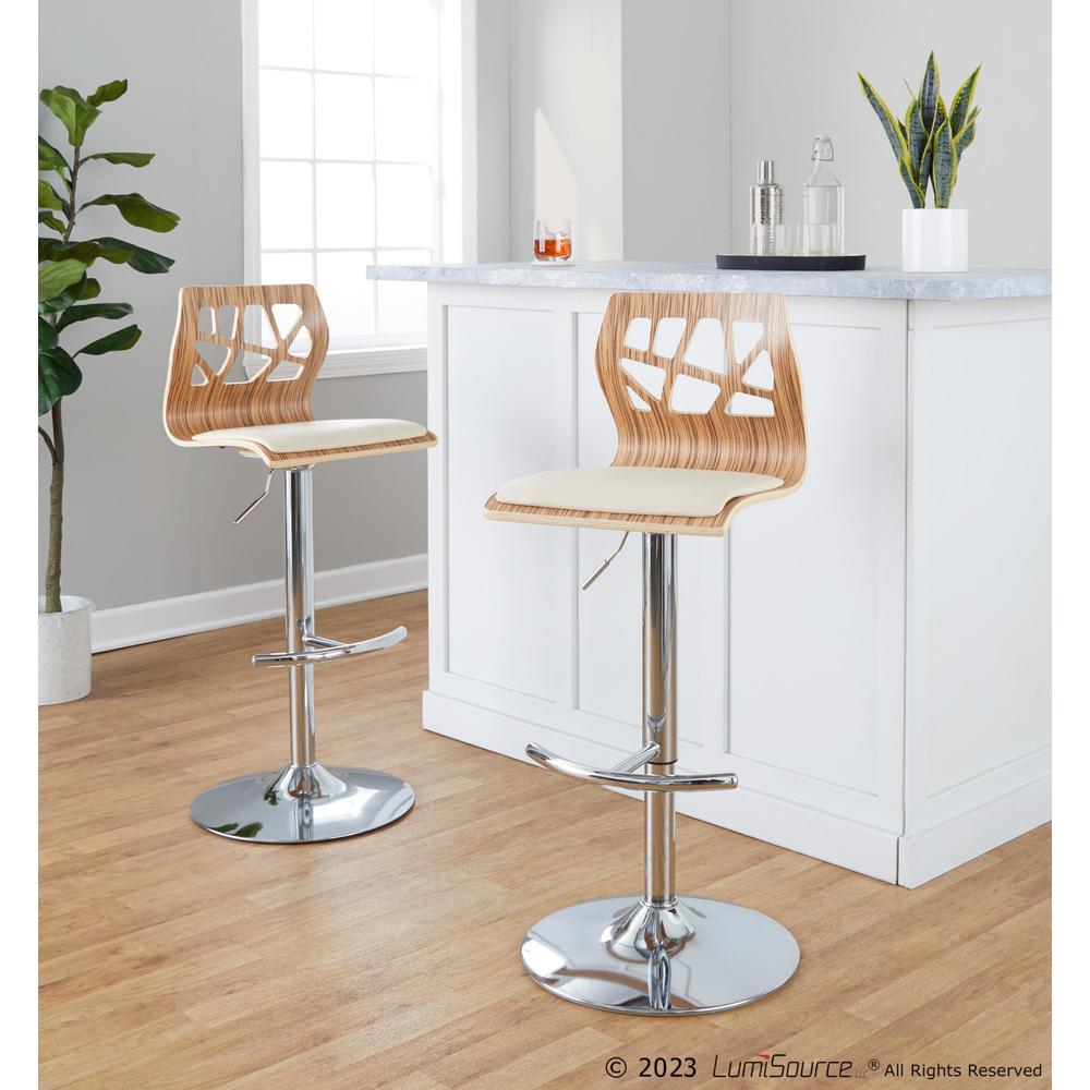 Chrome Metal, Zebra Wood, Cream PU Folia Adjustable Barstool - Set of 2