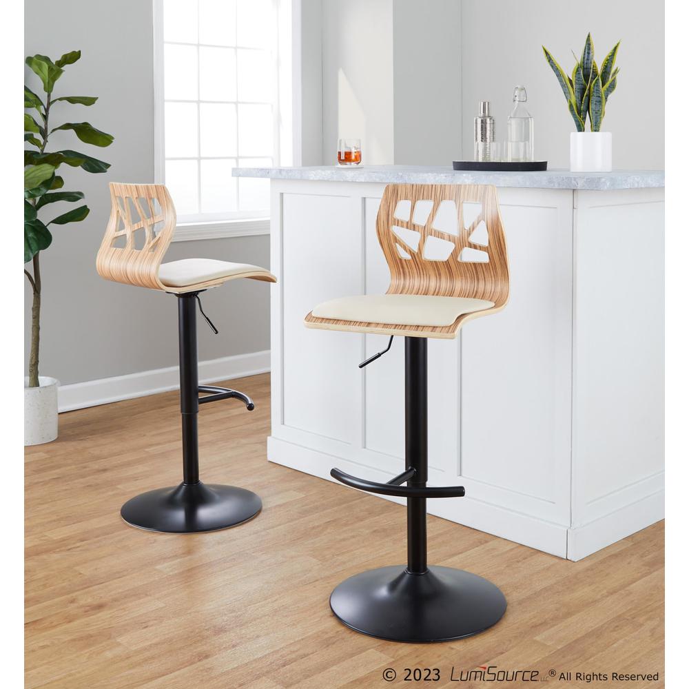 Black Metal, Zebra Wood, Cream PU Folia Adjustable Barstool - Set of 2