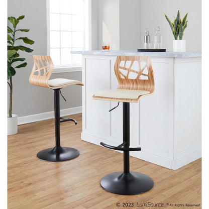 Black Metal, Zebra Wood, Cream PU Folia Adjustable Barstool - Set of 2