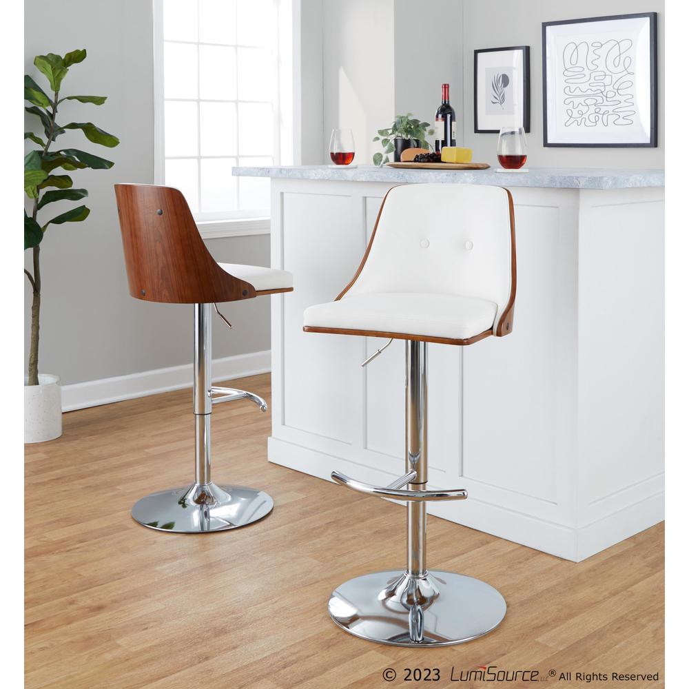 Chrome Metal, Walnut Wood, White PU Gianna Adjustable Barstool - Set of 2