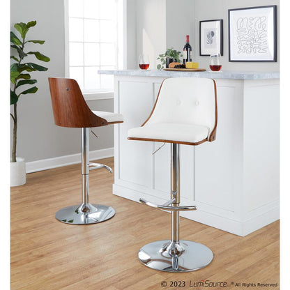 Chrome Metal, Walnut Wood, White PU Gianna Adjustable Barstool - Set of 2