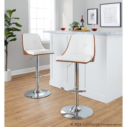 Chrome Metal, Walnut Wood, White PU Gianna Adjustable Barstool - Set of 2