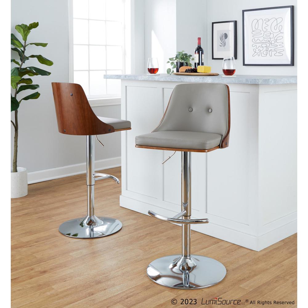 Chrome Metal, Walnut Wood, Light Grey PU Gianna Adjustable Barstool - Set of 2