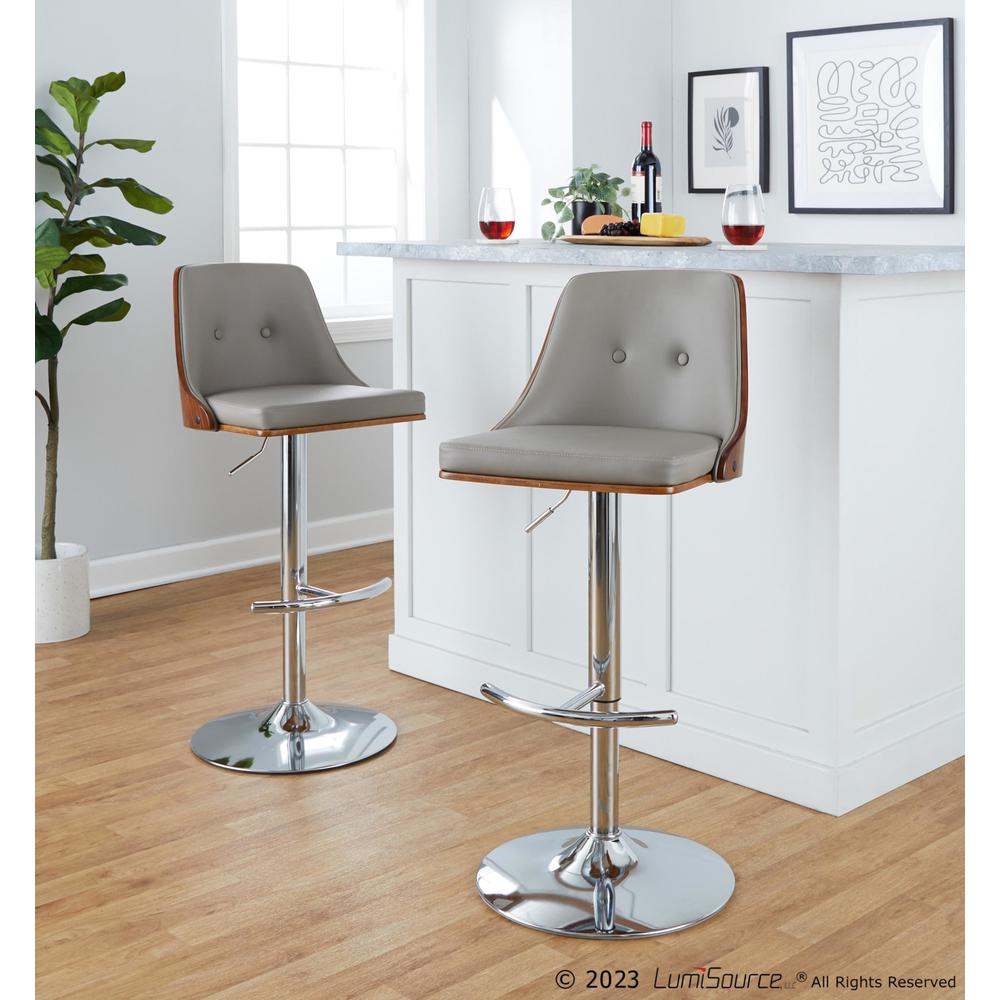 Chrome Metal, Walnut Wood, Light Grey PU Gianna Adjustable Barstool - Set of 2