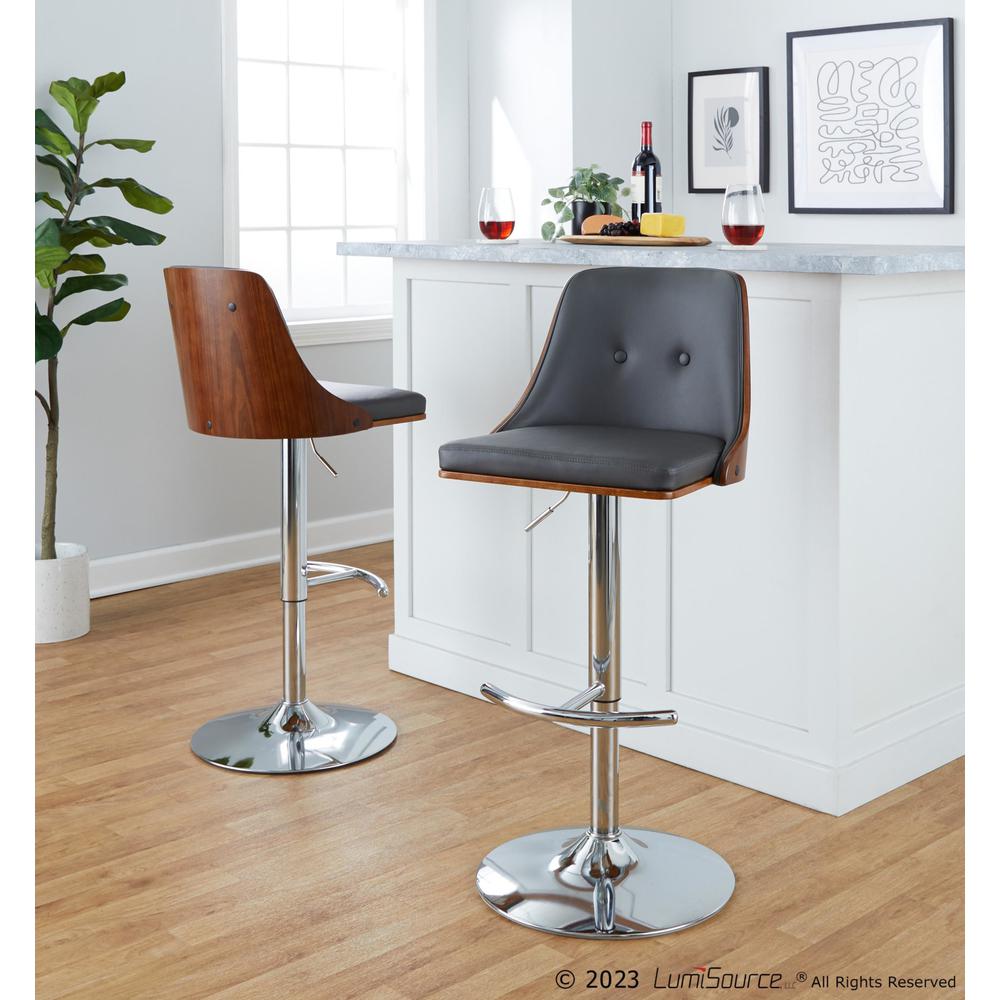 Chrome Metal, Walnut Wood, Grey PU Gianna Adjustable Barstool - Set of 2