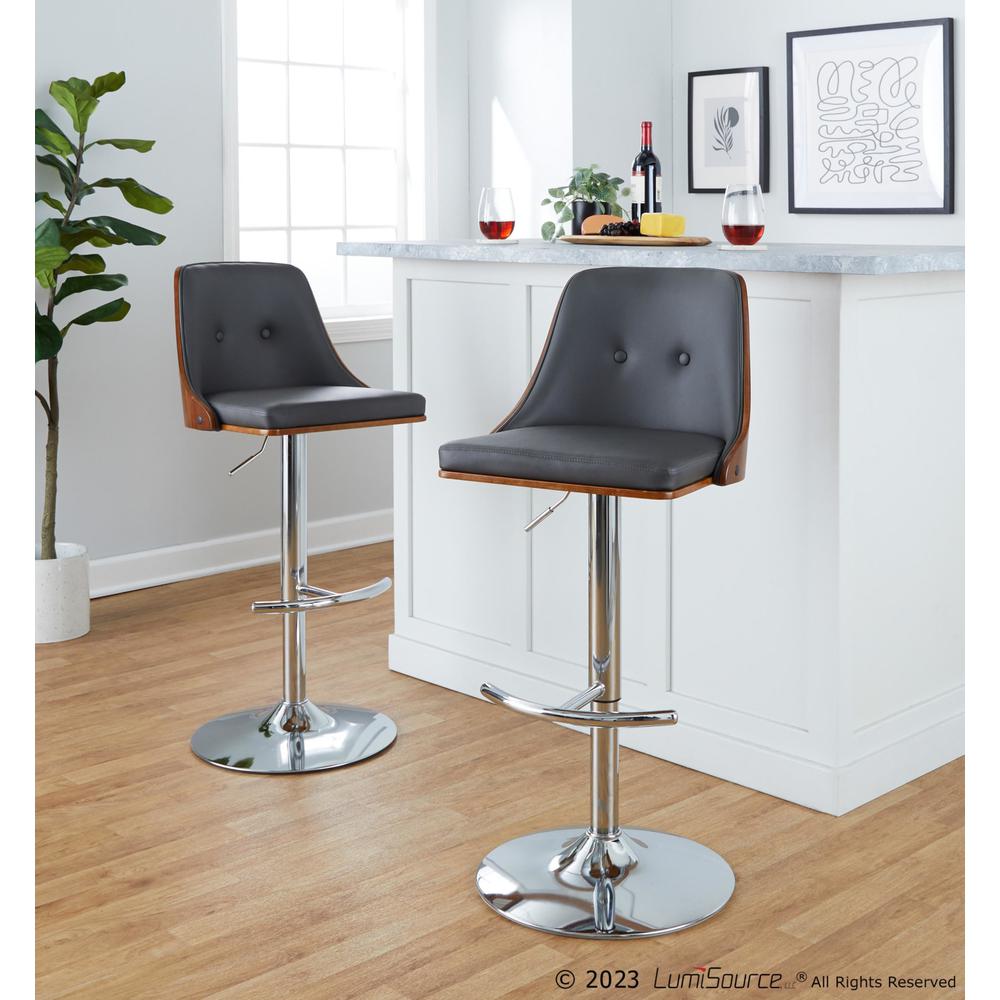 Chrome Metal, Walnut Wood, Grey PU Gianna Adjustable Barstool - Set of 2