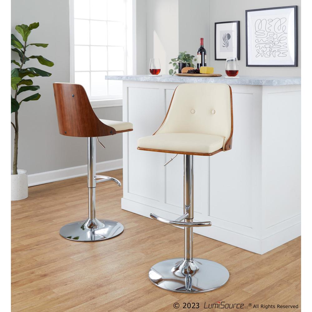 Chrome Metal, Walnut Wood, Cream PU Gianna Adjustable Barstool - Set of 2