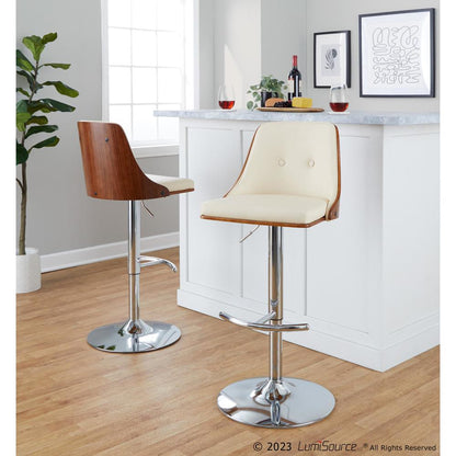 Chrome Metal, Walnut Wood, Cream PU Gianna Adjustable Barstool - Set of 2