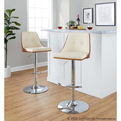 Chrome Metal, Walnut Wood, Cream PU Gianna Adjustable Barstool - Set of 2