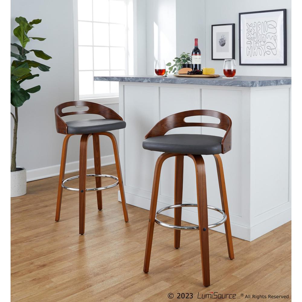 Walnut Wood, Grey PU, Chrome Metal Cassis 30" Fixed-Height Barstool - Set of 2