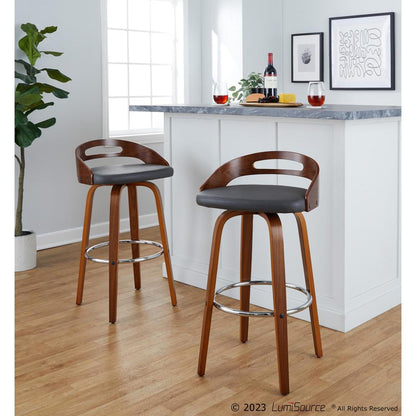 Walnut Wood, Grey PU, Chrome Metal Cassis 30" Fixed-Height Barstool - Set of 2
