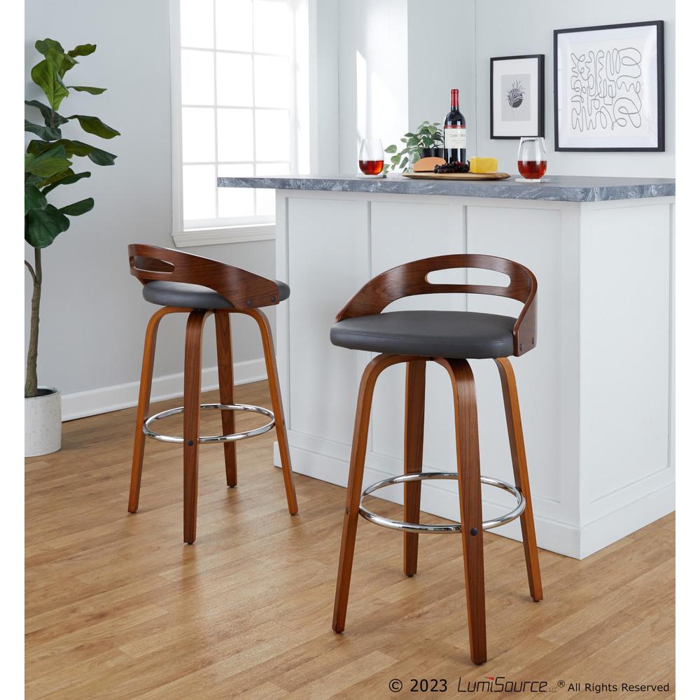 Walnut Wood, Grey PU, Chrome Metal Cassis 30" Fixed-Height Barstool - Set of 2