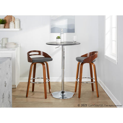 Walnut Wood, Grey PU, Chrome Metal Cassis 30" Fixed-Height Barstool - Set of 2
