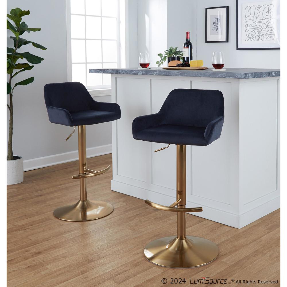 Gold Metal, Black Velvet Daniella Adjustable Barstool - Set of 2