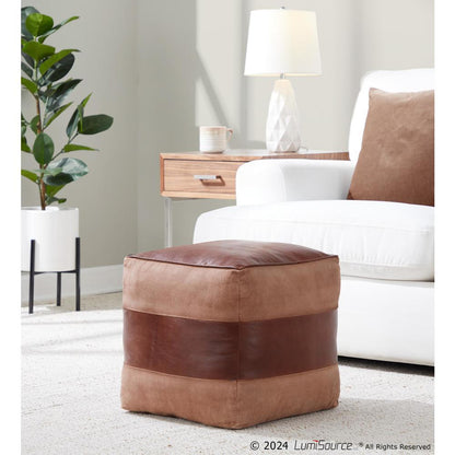 Espresso Leather, Tan Canvas Cobbler Canvas Pouf
