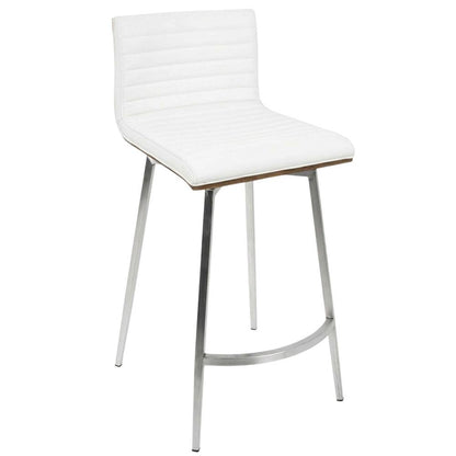 Stainless Steel and Walnut Counter Stool with White Faux Leather Cover, Set of 2