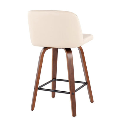 Walnut Wood, Cream PU, Black Steel Toriano Fixed-Height Counter Stool - Set of 2