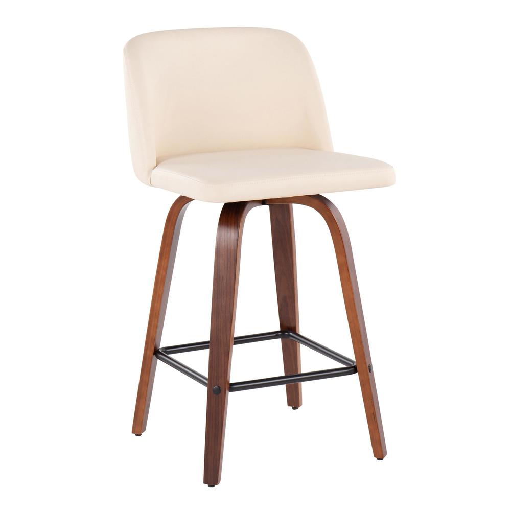 Walnut Wood, Cream PU, Black Steel Toriano Fixed-Height Counter Stool - Set of 2