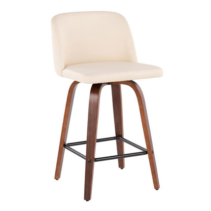 Walnut Wood, Cream PU, Black Steel Toriano Fixed-Height Counter Stool - Set of 2