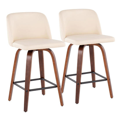 Walnut Wood, Cream PU, Black Steel Toriano Fixed-Height Counter Stool - Set of 2