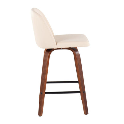 Walnut Wood, Cream PU, Black Steel Toriano Fixed-Height Counter Stool - Set of 2