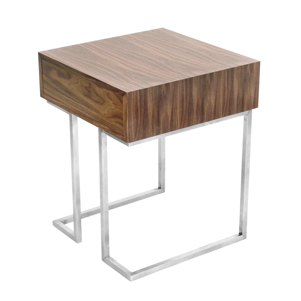 Roman Contemporary End Table in Walnut Wood and Stainless Steel