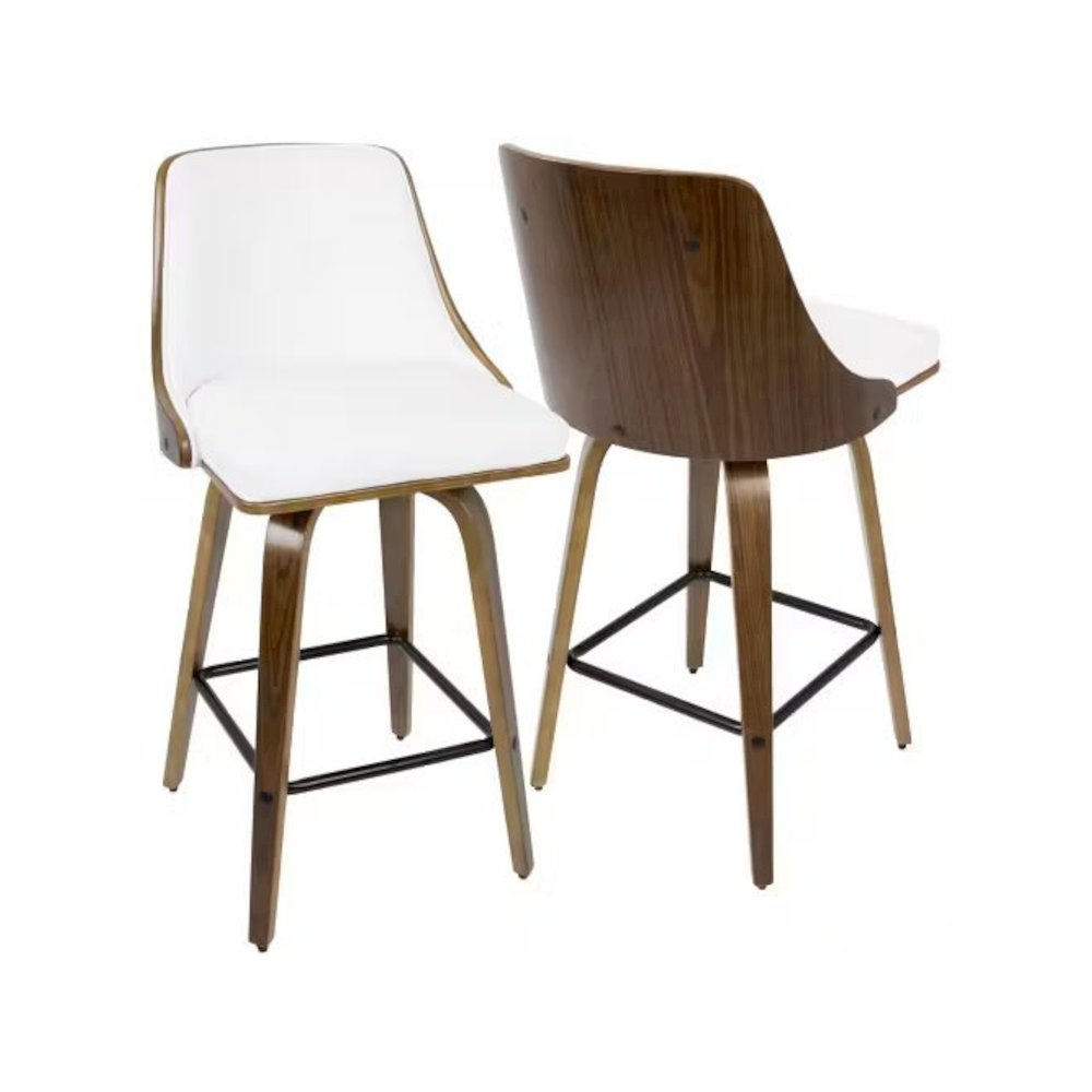 Walnut Wood, White PU, Black Metal Gianna Counter Stool - Set of 2