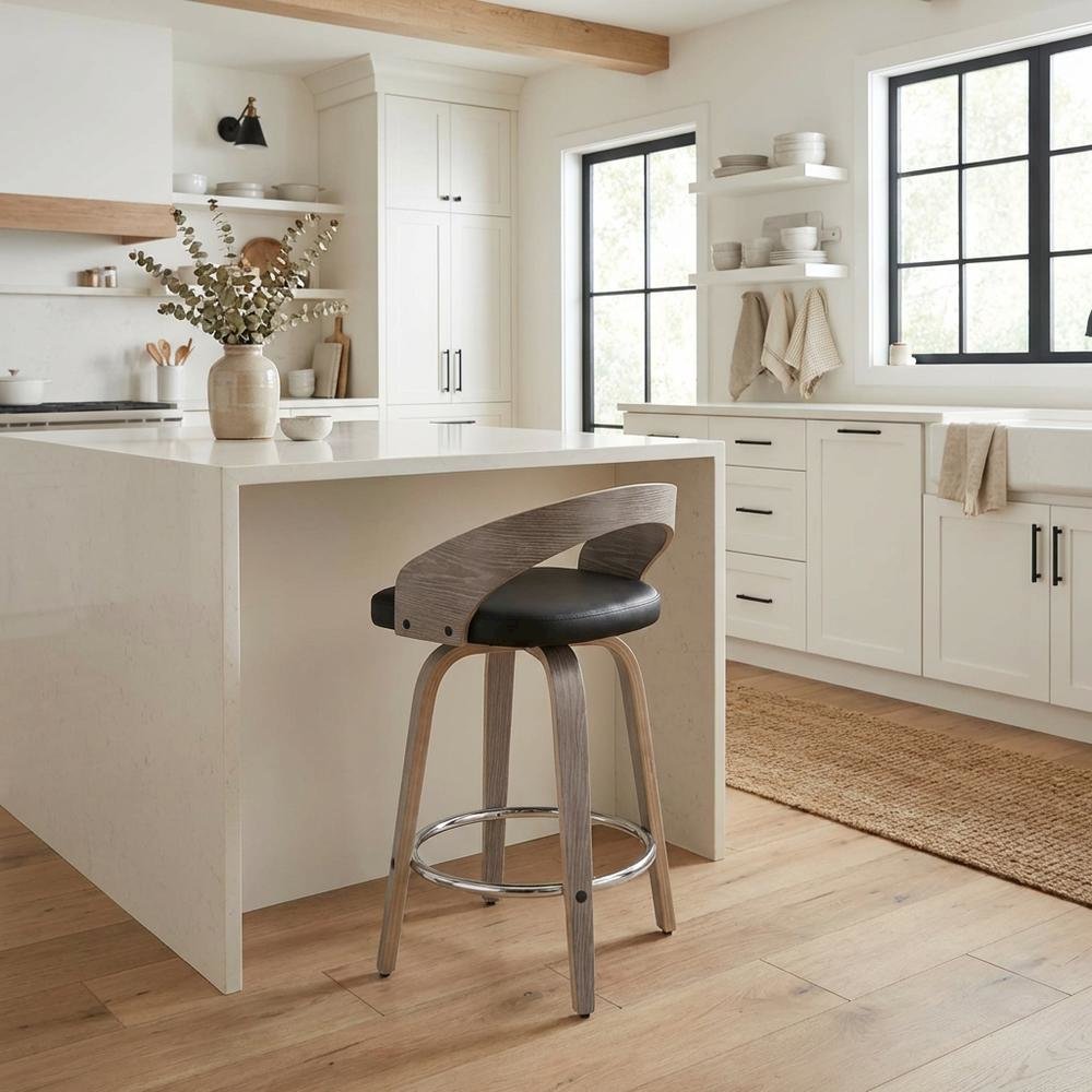 Counter Stool with Light Grey Wood and Faux Leather Upholstery, Set of 2