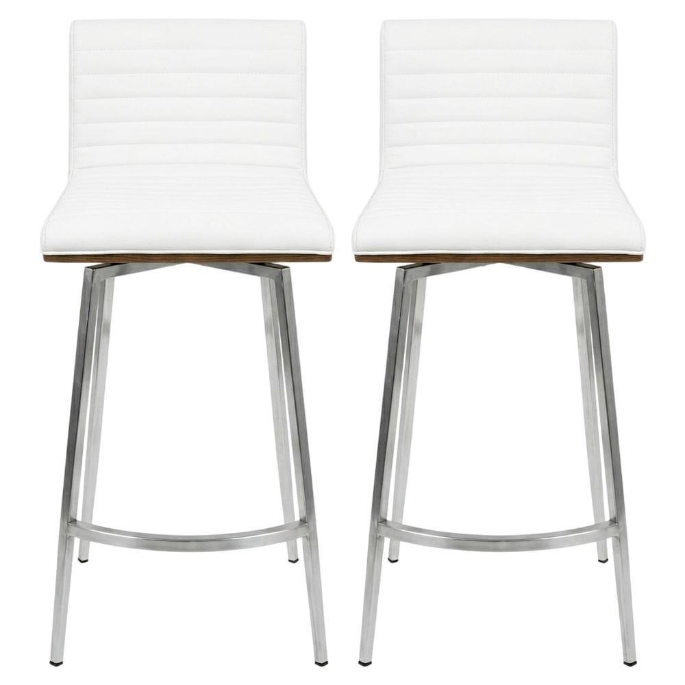 Stainless Steel and Walnut Counter Stool with White Faux Leather Cover, Set of 2